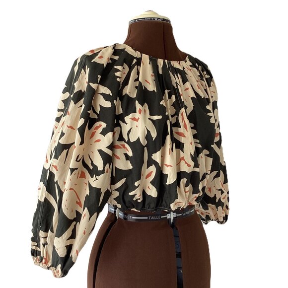 Zara Olive and Yellow Floral Crop Top with Puffed Sleeves - Picture 4 of 6